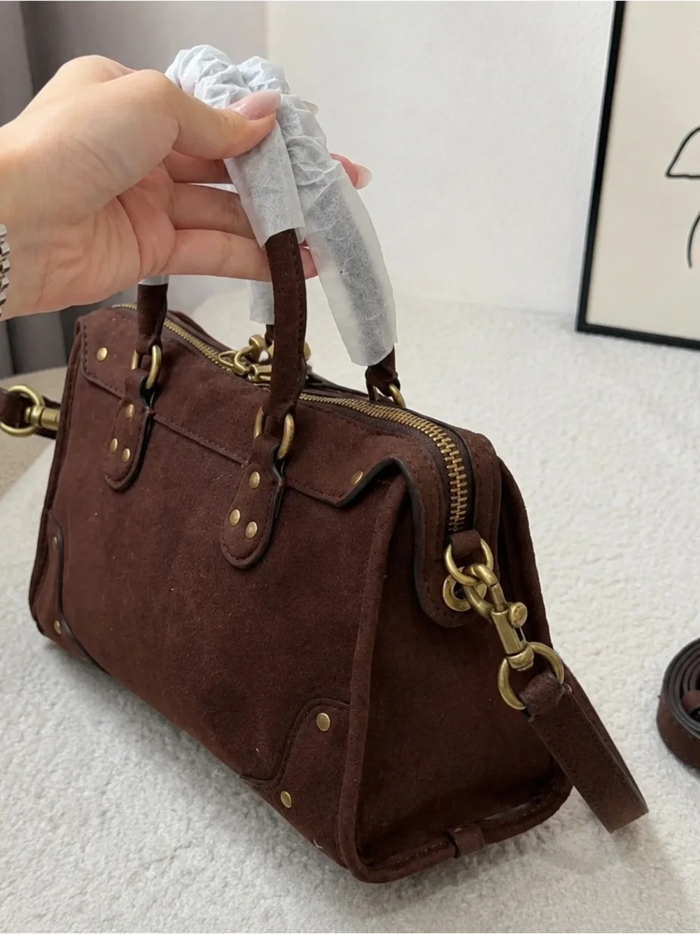 Coach Chocolate Brown Suede Satchel with Gold Hardware